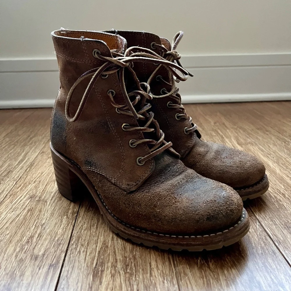 Frye Sabrina 6G Brown Distressed Suede Wood Heel - Picture 3 of 9